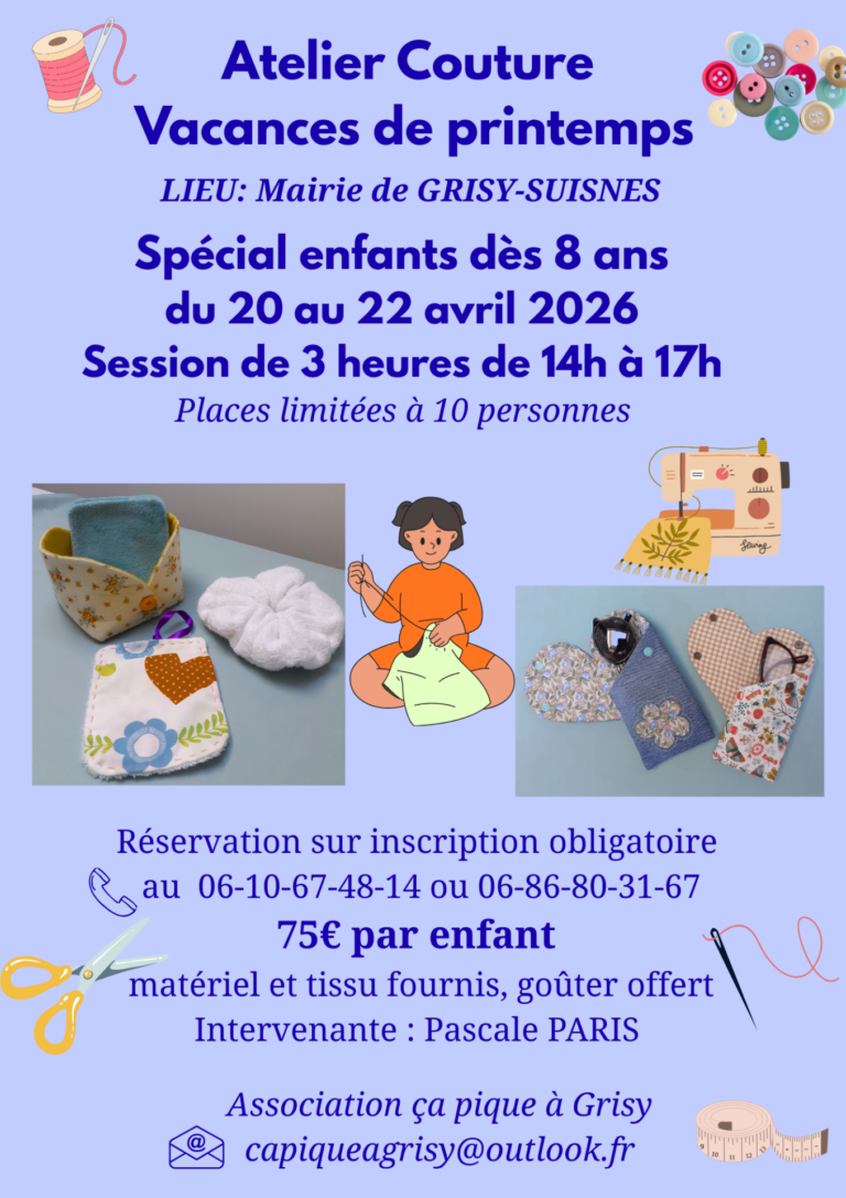 Atelier Couture spécial enfants dès 8ans à  Grisy-Suisnes